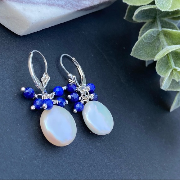 Pearl Lapis Lazuli Earrings Hoops Lever back Sterling Silver - Picture 5 of 7